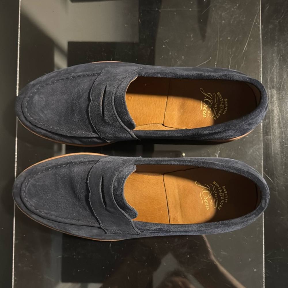 Navy, suede loafers by J.Crew. Only worn a couple times.